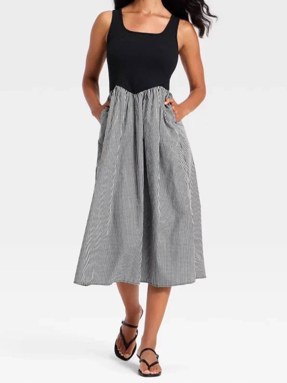 Sleeveless Black & White Gingham Midi Dress